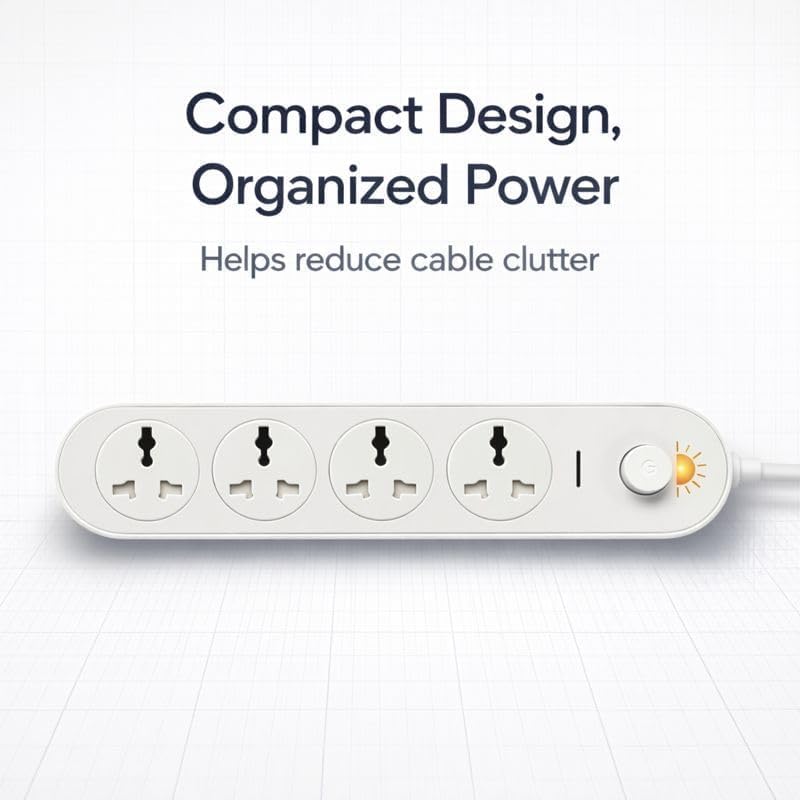 Heavy Duty 4 Socket Extension Board with Master Switch, 6A 250V Power Strip, Pure Copper Wiring, Universal Safety Shutter Sockets, 1.5 Meter Thick 6mm Power Cord for Home, Office & Appliances