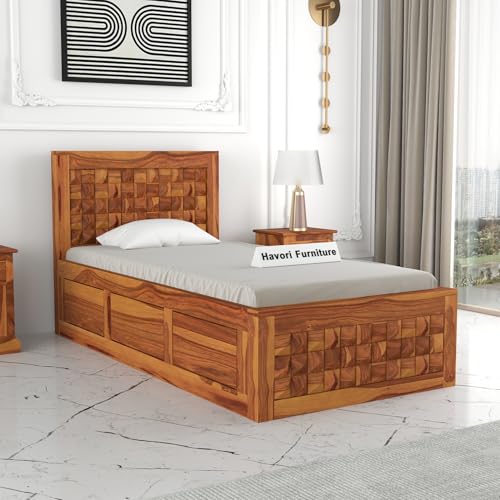 Image of Solid Sheesham Wood Single Size Bed with Box Storage for Bedroom Living Room Single Cot for Home Wooden Palang for Hotel (Honey, Size 6 * 3)