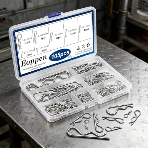 Image of 105Pcs Cotter Pin Assortment Kit - 304 Stainless Steel 7 Sizes R Clips Cotter Pins for Automotive, Trailer, Hitch Pin Lock System