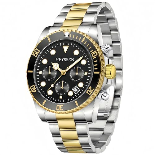 Watches For Men Quartz Stainless Steel: Dress Watch For Mens Wrist Luxury Gold And Silver Metal Two Tone Black Dial Big Analog Classic Diver Waterproof Chronograph Green Face Business Man Gift