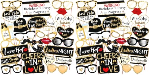 Image of WOBBOX Bachelorette Party Photo Booth Props for Bride & Groom, Bridal Shower Props, Bachelorette Party Decoration, Bride to be Party Decorations Items- Black & Golden Glitter (Pack of 2)