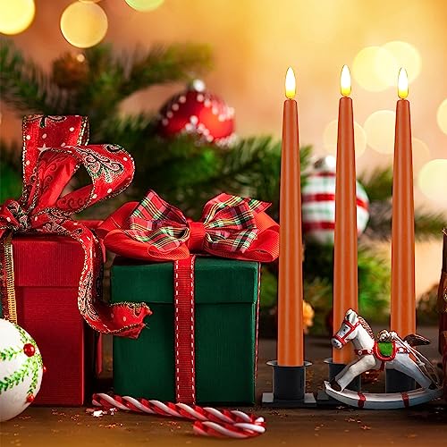 Image of CVHOMEDECO. Flameless Taper Candles with 10-Key Remote, Battery Operated Led Flickering 3D Wick Window Candles Real Wax Finished Home Christmas Party Decor 0.78 x 11 Inch, Pack of 3, Orange