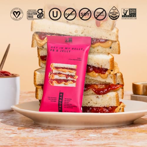 Image of TRUBAR Vegan Protein Bars, Feelin' Fruity Variety Pack, PB & Jelly, Strawberry Shortcake & Chocolate Coconut, Gluten Free, Plant Based, High Fiber, Dairy Free, On the Go Healthy Snacks, 12 Count