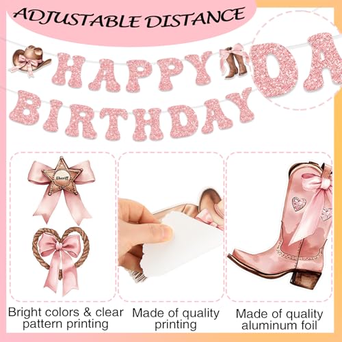 Image of Yunlly Cowgirl Birthday Party Decorations Pink Bow Happy Birthday Banner Western Hanging Coquette Swirls Disco Balloon Rodeo Bachelorette Decor Supplies for Women Baby Shower Birthady Party Favors