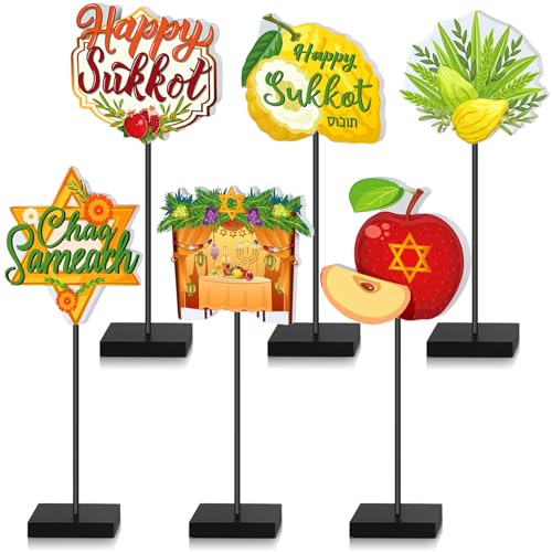 Amyhill 6 Pcs Sukkot Decorations Wooden Table Centerpieces Happy Sukkot Party Decorations Standing Sign for Jewish Festival Holiday Riustic Table Topper