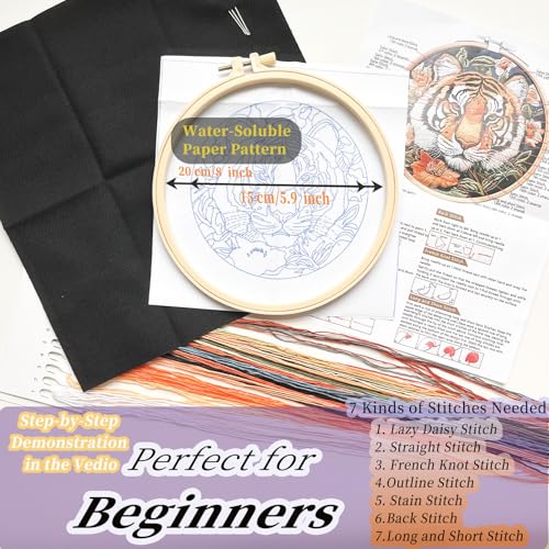 Image of FONNUY Tiger Floral Embroidery Kit, Cross Stitch Kits for Beginners, Handmade Crafts with Printed Patterns for Beginner Adults, Easy to Follow Color Thread Needlework, 8'' Hoop