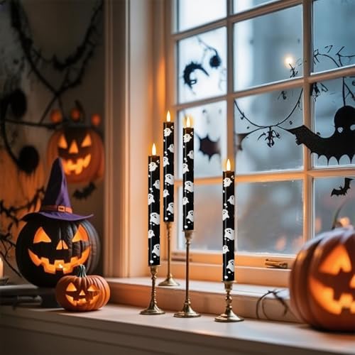 Image of Eldnacele Halloween Ghost Flameless Taper Candles Battery Operated with Remote Timer, Set of 4 Black Real Wax 3D Wick LED Flickering Candle Spooky Halloween Indoor Decor(0.78 inch D x 9.64 inch H)