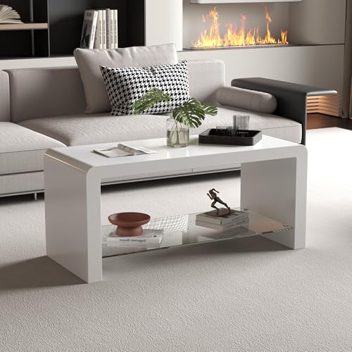 IMHKAM Modern White Gloss Coffee Table with Glass Shelf, Rectangu...