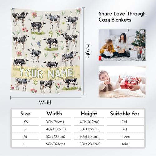 Custom Cow Blanket for Boys, Cozy Soft Throw Gifts, Cute Yellow Flannel Throw Blankets for Couch Office, 50x60 Inches