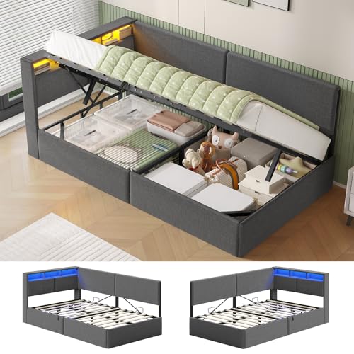 AOGLLATI Canapé lit 90 x 200, Lit Coffre 90 x 200 avec LED et Ports USB, Lit Hydraulique avec Tête de Lit capitonné et Rangement, Lit Enfant avec Lattes en...