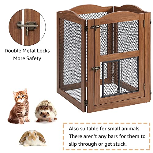 beeNbkks Freestanding Pet Gate with Cat Door, Dog Proof Cat Gate, Indoor Dog Gates for The House Doorways Stairs, Metal Mesh Wooden Small Animal Pet Barrier with Walk Through Door and Support Feet