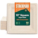 100% Compostable Square Paper Plates [50-Pack] - {PFAS-Free} - {BPI Certified} - [10 Inch] Heavy Duty, Eco-Friendly, Biodegradable Bagasse Dinner Plates - Natural Brown 10" Plate by Stack Man