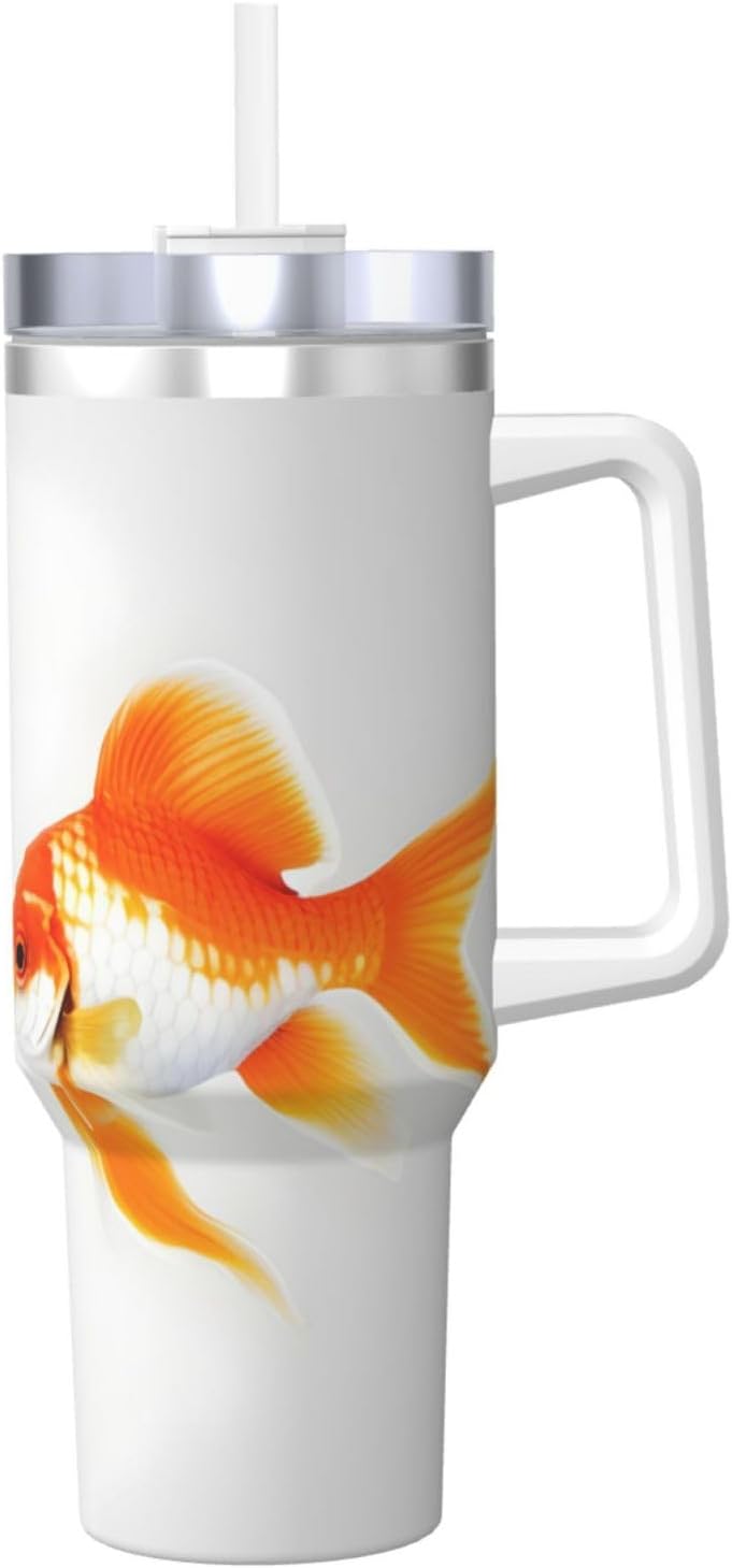 40 OZ Cute goldfish Print Ice Bully Cup with Handle Straw Lid Straw,Stainless Steel Tumbler Coffee Cup