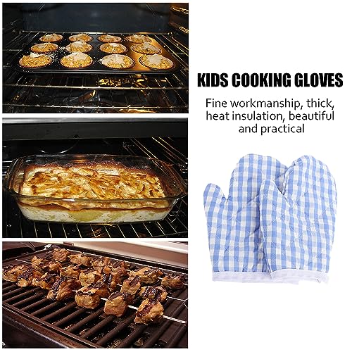 1 Pair Kids Oven Mitts Durable Plaid Cooking Gloves Heat Resistant Baking Gloves Heat Proof Kitchen Mitts Cotton Kitchen Supplies for Safe Backing Cooking Grilling BBQ - Image 3