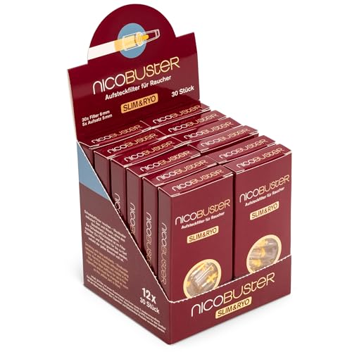 Nicobuster Slim & Ryo Zigarettenfilter - 360 STK - für Slim-Zigaretten 5-6mm - Filter Aufsatz für Raucher - reduziert Schadstoffe Teer Nikotin - kein Geschmacksverlust - 12 x 30 Filter