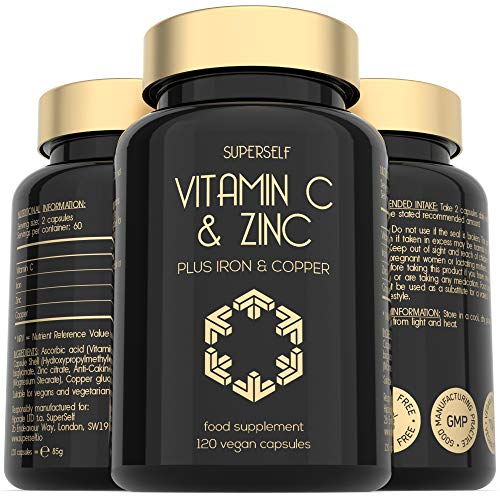 Vitamin C and Zinc Tablets - 1000mg Vitamin C with Zinc, Iron, Copper - 120 Capsules - High Strength VIT C Vegan Supplement - Immune System Complex