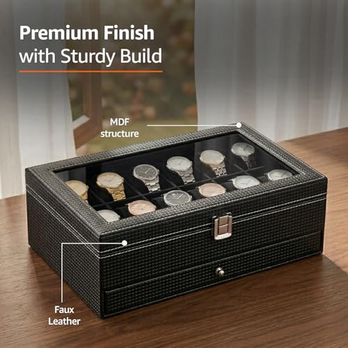 Image of Amazon Basics Sliding Drawer 12-Slot Watch and Jewelry Organizer - Faux Leather & MDF Storage Box for Men and Women, Black