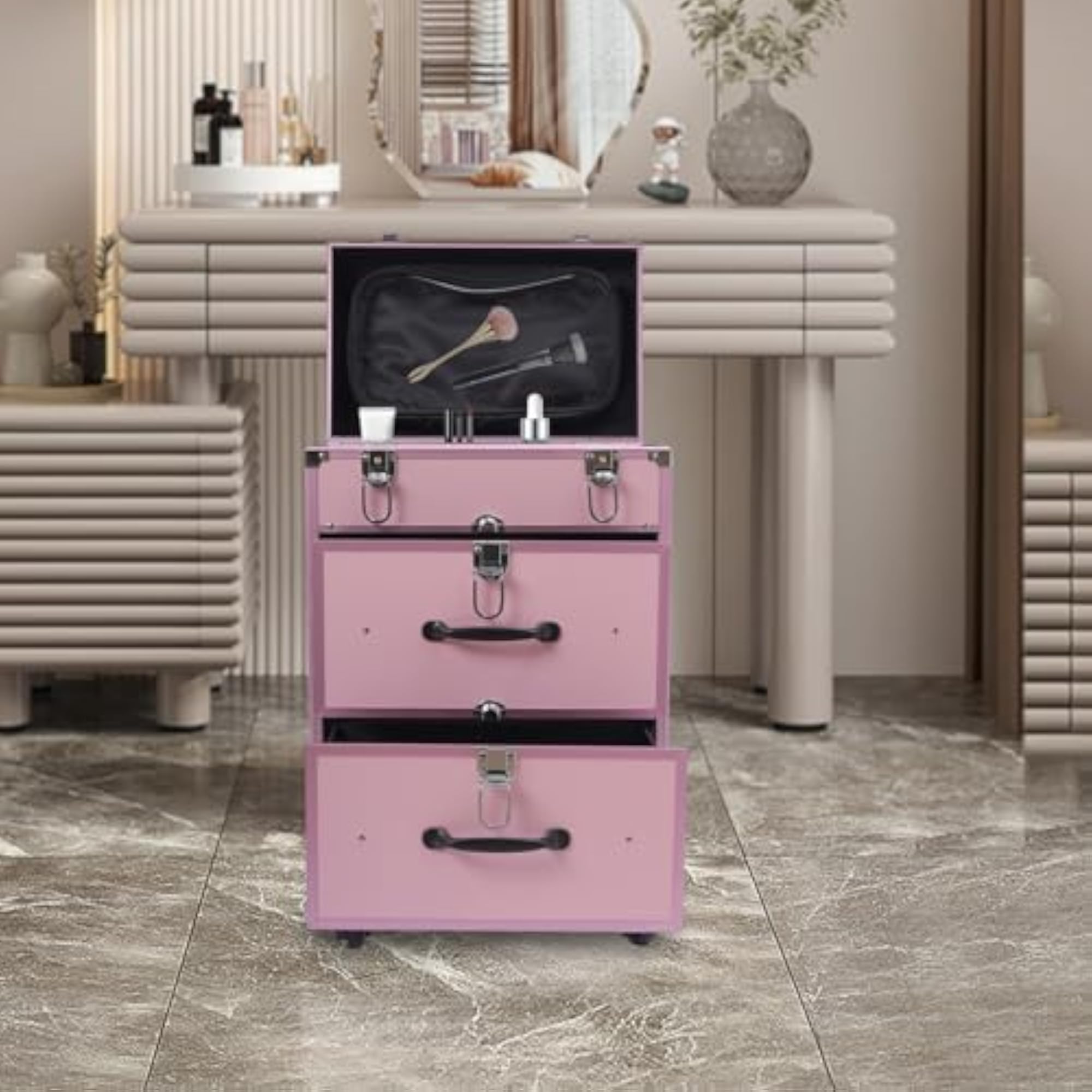 Professional Rolling Makeup Train Case with Drawers