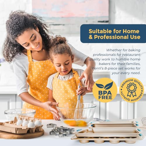 Perlli-Baking-Pan-8-Piece-Set-Nonstick-Gold-Carbon-Steel-Oven-Bakeware-Kitchen-Set-with-Silicone-Handles-Cookie-Sheet-Roasting-Pan-Lid-Square-Pan-Pie-Pan-Loaf-Pan-Pizza-Crisper-Muffin-Pan Perlli Baking Pan 8 Piece Set Nonstick Gold Carbon Steel Oven Bakeware Kitchen Set with Silicone Handles Cookie Sheet Roasting Pan Lid Square Pan Pie Pan Loaf Pan Pizza Crisper Muffin Pan