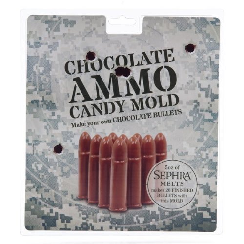 Chocolate Candy Bullet Mold - This plastic candy bullet mold makes 20 bullets. Flat on one side so you can display them or refill your favorite chocolate ammo tin. Make Jello or ice cube bullets.