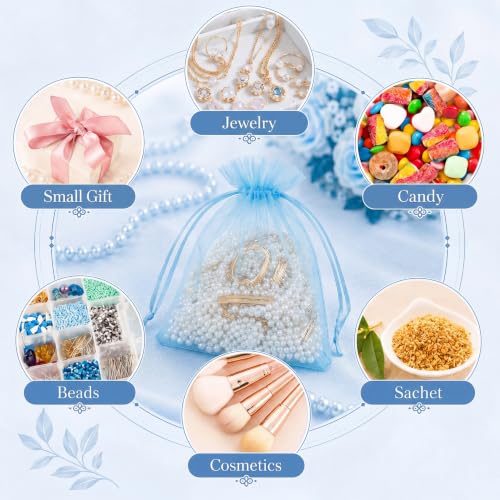 Image of ANZNKU 100 Pack Organza Bags 5 x 7 in Sky Blue Small Mesh Gift Bags Bulk Drawstring for Wedding, Little Goodie Bag for Party Favor Candy Jewelry Soap Makeup, Treat Sachet for Baby Shower Graduation
