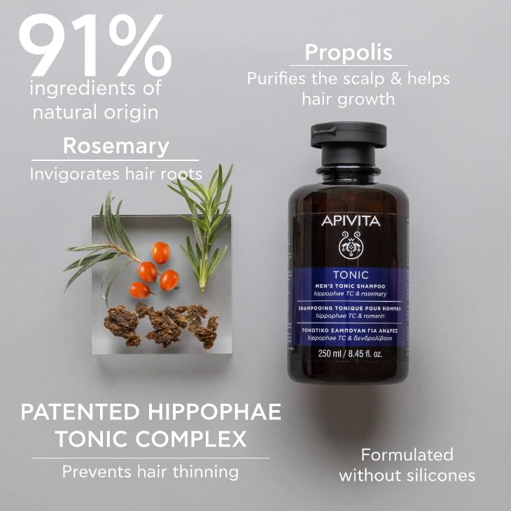 APIVITA Tonic Men's Shampoo for Thinning Hair | Strengthens, Prevents Hair Thinning & Promotes Hair Growth with Hippophae Tonic Complex, Rosemary & Propolis, Silicone-Free - Image 3