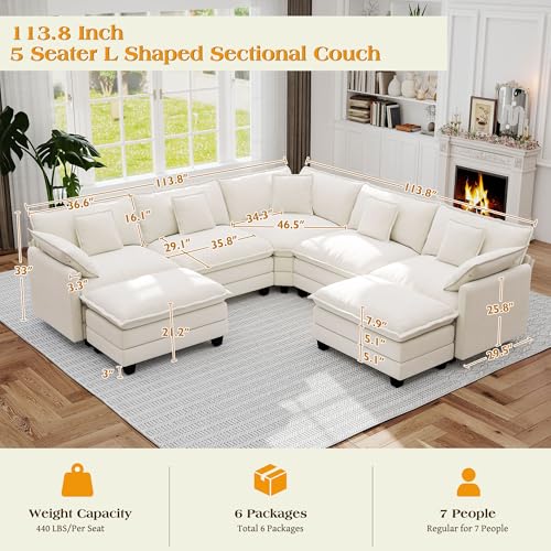 Image of 113.8 inch Modular Sectional Sofa,Cloud Couch for Living Room,Modern Deep Seat Sofa 5 Seater Chenille Fabric Comfy L Shaped Couches with Throw Pillows & Movable Ottoman for Apartment