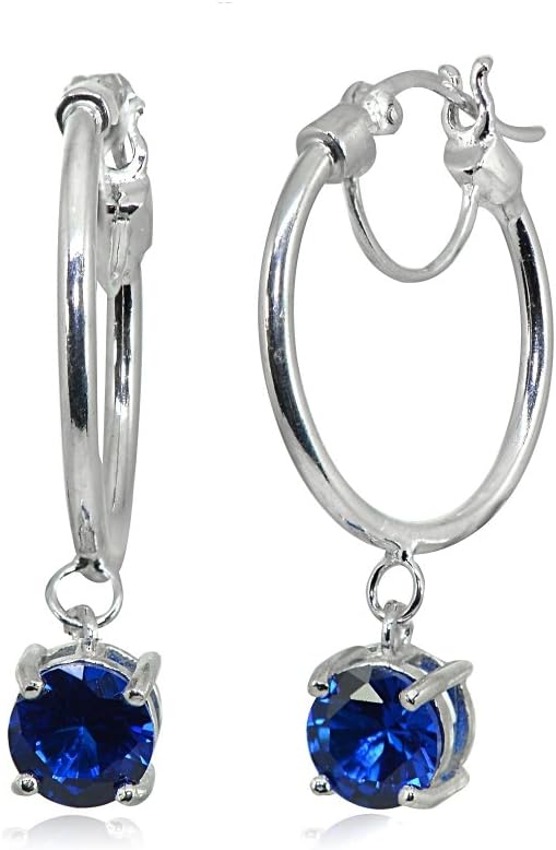 Sterling Silver Round Hoop Earrings with Dangling Genuine, Created or Simulated Gemstones