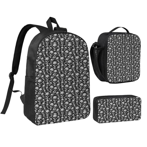 3 Piece Set Backpacks - With Lunch Bag & Pencil Case Middle Supplies For Unisex (for Skull)
