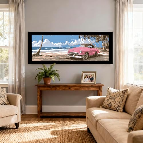 Image of PAINTINGMANTRA Summer Beach View with Vintage Pink Car Wall Art Framed Luxury Paintings for Home Decoration, Living room, Bedroom and Office Decoration (99x38 CM)