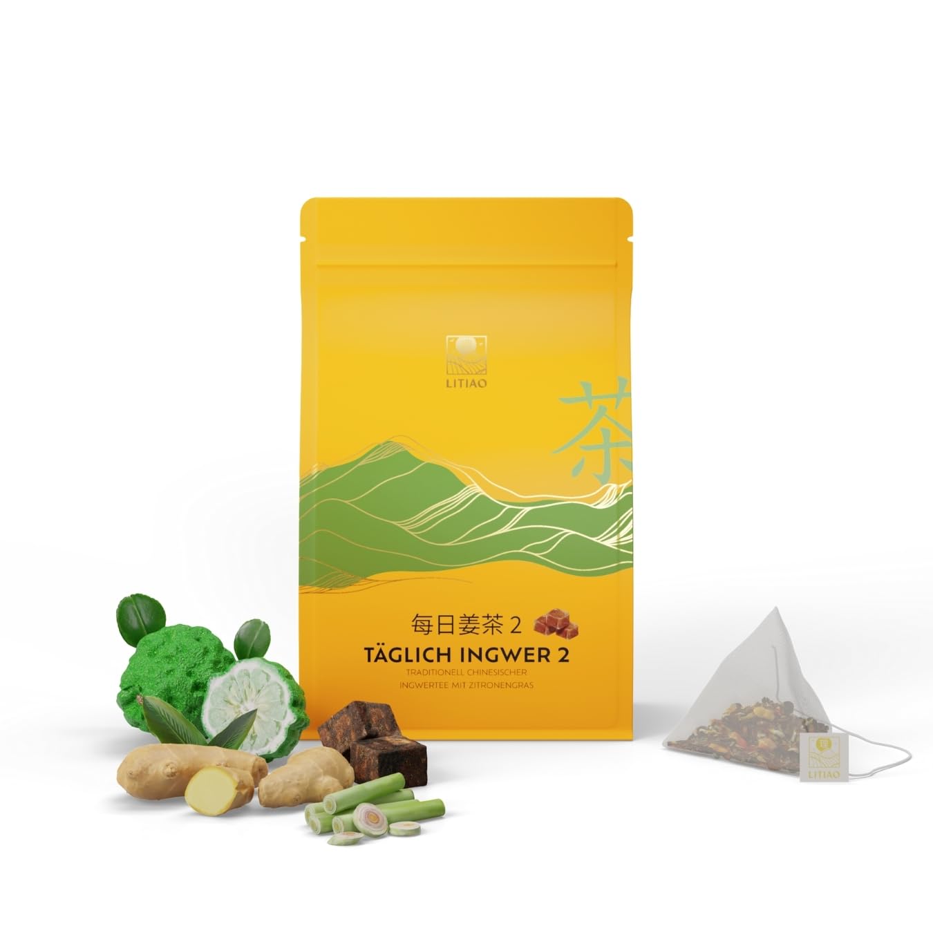 LITIAO TÄGLICH INGWER 2 - Traditionell Chinesischer Ingwertee mit Zitronengras | 60 Pyramidenteebeutel | Koffeinfrei | 3 Packungen