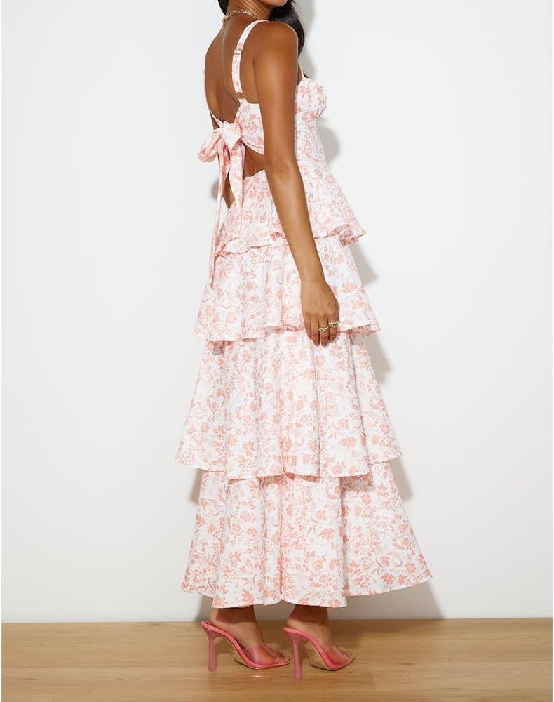 Women Floral Maxi Dress Sleeveless Bow Back Tiered Boho Flowy Long Dresses Summer Fall - Image 6