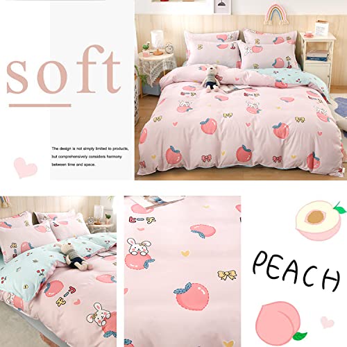 Mengersi Pink Peach Bunny Duvet Cover Set Lovely Heart Bowknot Comforter Cover Fruit Tropical Plant Quilt Cover Reversible Bedding Set With Zipper(Twin) #TOP2