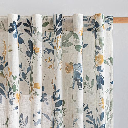 Image of MYSKY HOME Floral Linen Curtains 54 Inch Long Semi Sheer 2 Panels