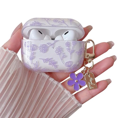 Image of MINSCOSE Compatible with AirPods Pro2 Clear Case,Cute Flower Floral Aesthetic Design with Flowers Keychain, Soft TPU Protective Shockproof Case for Women Girl for Airpods Pro2-Purple