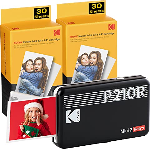 KODAK Mini 2 Retro 4PASS Portable Photo Printer (2.1x3.4 inches) + 68 Sheets Bundle, Black
