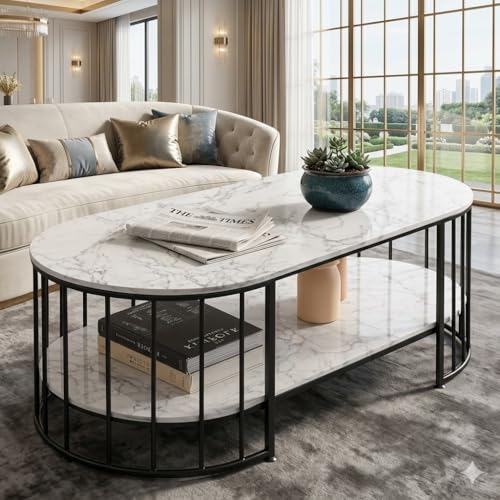 Image of Shoppee Rectangular Coffee Table Modern 2-Tier Center Table with Marble Finish Top Gold Metal Frame Stylish Sofa Table Elegant Cocktail for Living Room /Drawing /Dining Room (Black & Black)
