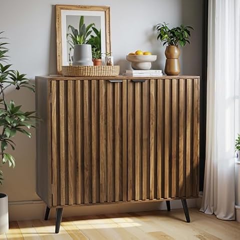 Algherohein Walnut Buffet Cabinet with Storage, Storage Cabinet with Adjustable Shelf, Sideboard Cabinet with Fluted Doors and Metal Legs, Accent Table for Living Room, Dining Room, Kitchen, Entryway Cover