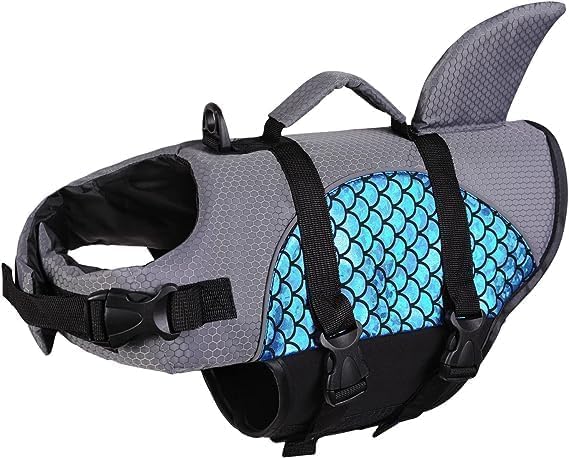 olpad Adjustable Dog Life Jacket with Shark Fin & Mermaid Scale Design, Pet Swim Vest with Durable Rescue Handle & D-Ring for Water Safety, High Buoyancy Flotation Device for Small Medium Large Dogs