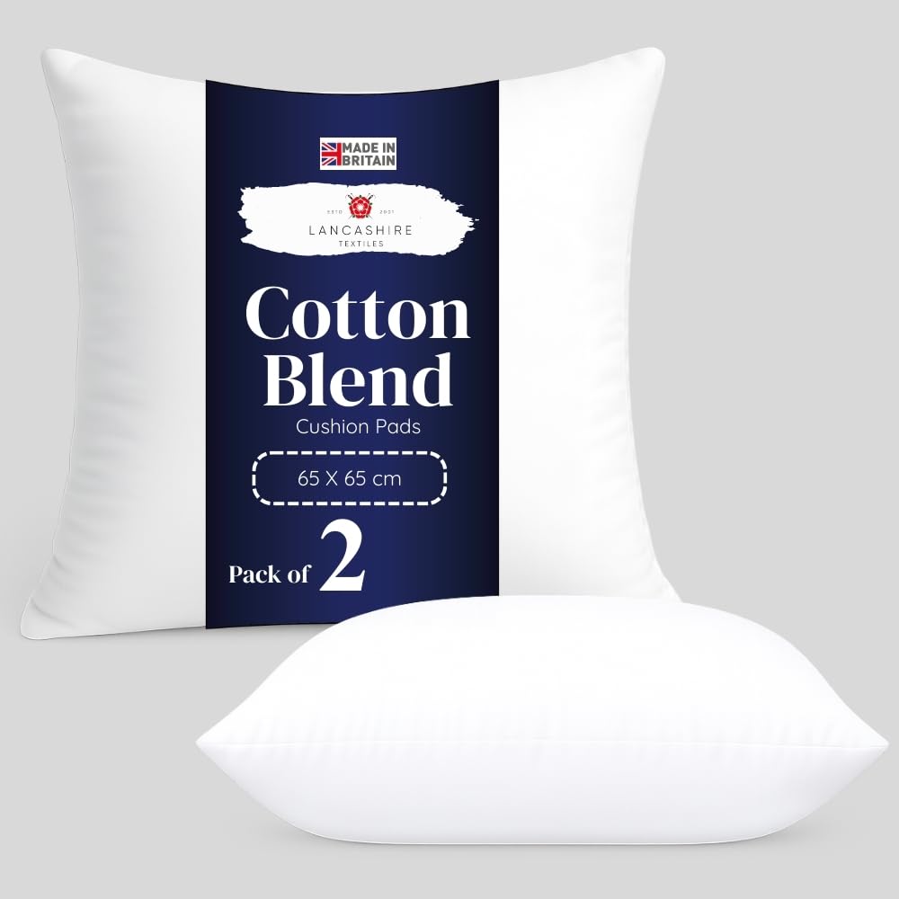 Lancashire Textiles 2 Pack Luxury 26" x 26" (65 x 65cm) Cotton Blend Cushion Pads with Super Bounce Polyester Fibre, Made of Finest British Materials