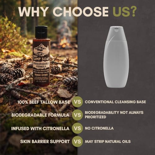 Image of Biodegradable Camping Soap with Organic Beef Tallow | All-in-One Dish Soap, Body Wash, Hand Soap & Shampoo | for Camp, Backpacking, RV & Travel