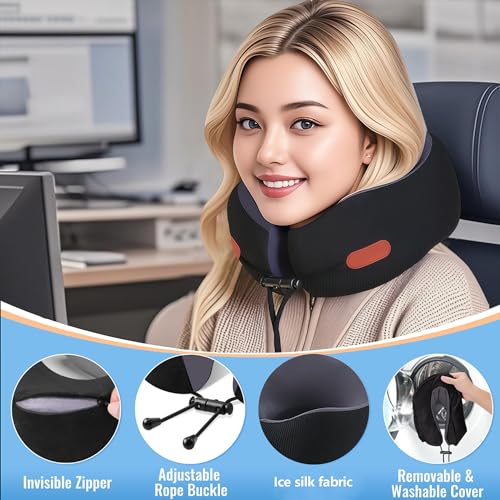 Image of Travel Pillow, Memory Foam Neck Pillow for Airplanes, Includes Eye Mask & Ear Plugs, Ergonomic Design, 360 Support Stowable Pillows for Plane, Car, Train and Home, Black