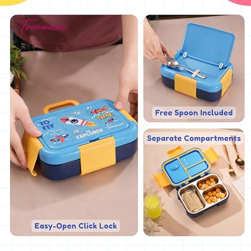 Image of Trueware Galaxy 3 304 Stainless Steel PU Insulated Lunch Box with Three Compartment BPA Free, Food Grade Ideal for School, Picnic, Office & Outdoor - 520ml