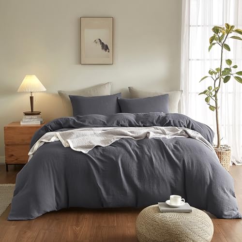 SE SOFTEXLY Muslin Duvet Cover King Size, 100% Washed Cotton Duvet Cover Set, Ultra Soft Comforter Cover Linen Like, 3 Pieces Minimalist Gauze Duvet Cover with 2 Pillowcases, 90"x104", Dark Grey