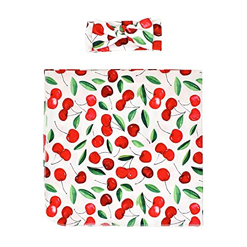 Image of MIRYOKAER Baby Swaddle Blanket, Newborn Fruit Print Receiving Blanket, Soft Stretchy Swaddle Wrap with Matching Headband