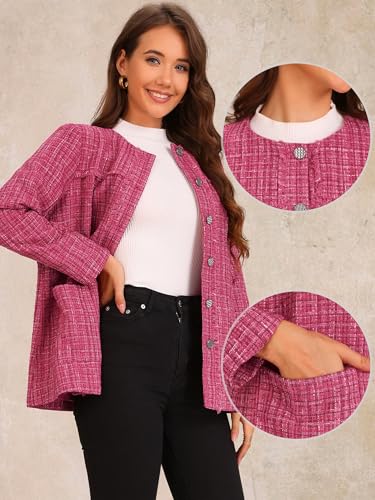 Allegra K Tweed Jacket for Women's Single Breasted Collarless Fringed Casual Business Blazer2