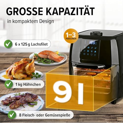 GOURMETmaxx Digitale Heißluftfritteuse XXL - 9L Ofen | Airfryer mit Timerfunktion, Touchdisplay, Drehspieß, Schaschlikspießen | fettarm, energiesparend frittieren | 8 Programme, 1800 W – Bild 5