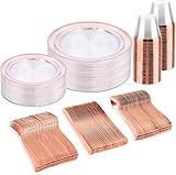 bUCLA 150PCS Clear Rose Gold Disposable Dinnerware set - Rose Gold Plastic Plates Include 25 Dinner / 25 Dessert Plates, 25 Knives, 25 Forks, 25 Spoons, 25 Cups for Party & Wedding