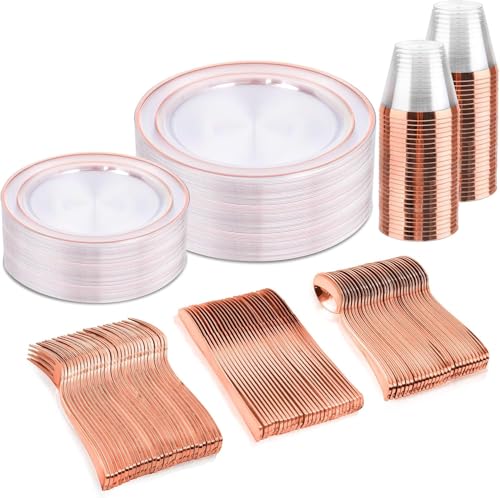 bUCLA 150PCS Clear Rose Gold Disposable Dinnerware set - Rose Gold Plastic Plates Include 25 Dinner / 25 Dessert Plates 25 Knives 25 Forks 25 Spoons 25 Cups for Party & Wedding