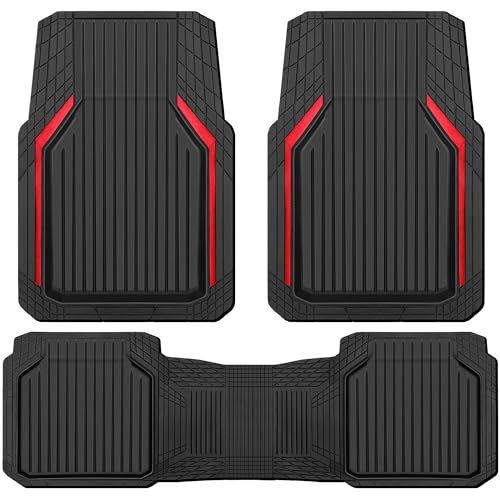 CAR PASS Heavy Duty Rubber Floor Mats for Car Waterproof Liner Deep Dish Car Mats Full Sets Universal Trim to Fit for SUV Truck Sedans Vans All Weather Automotive Floor Mats 3pcs Black Red